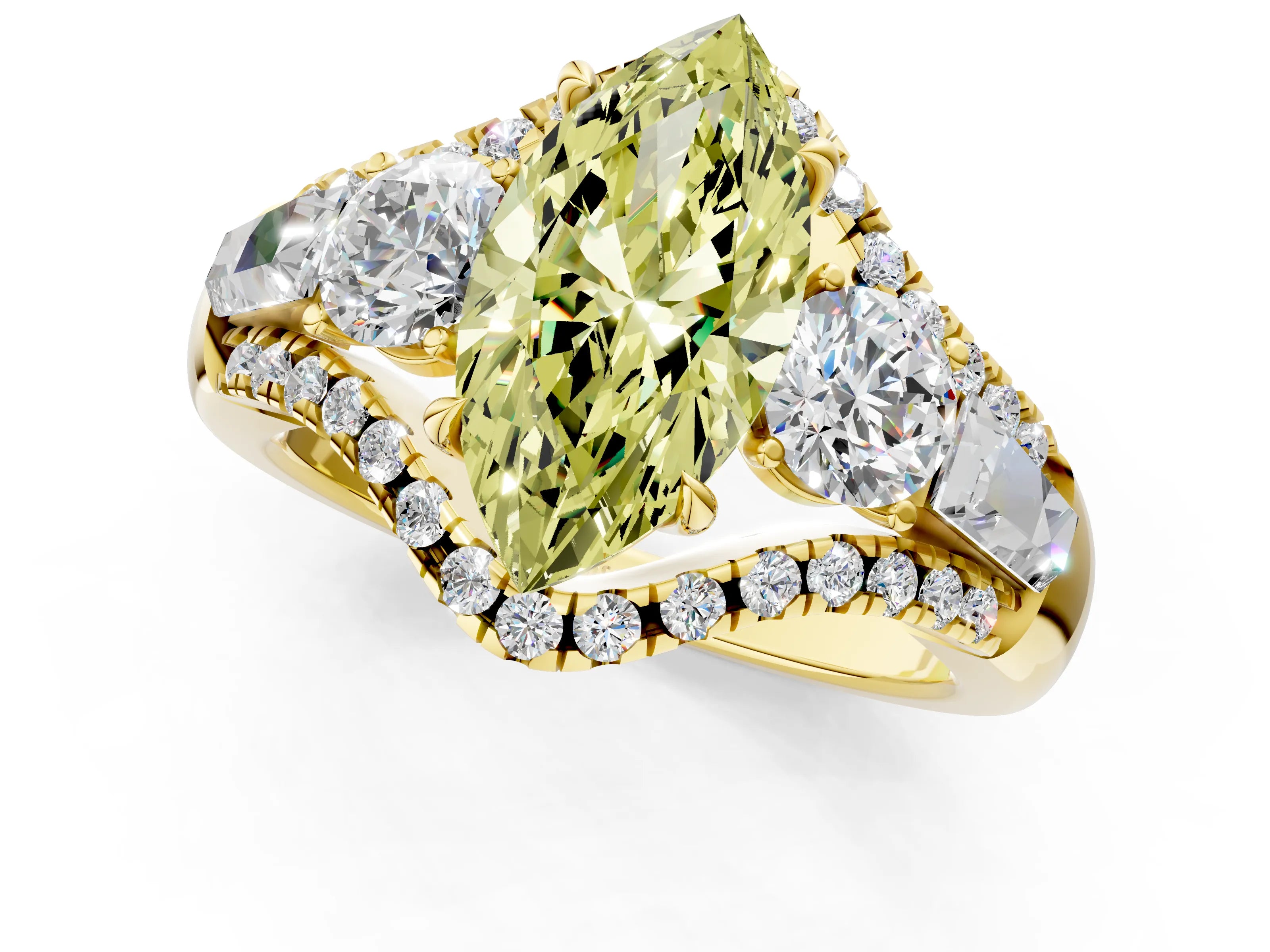 Yellow gold Three-Stone Fancy Yellow Marquise Cut Diamond Engagement Ring with Pave Band and Prong Setting_1