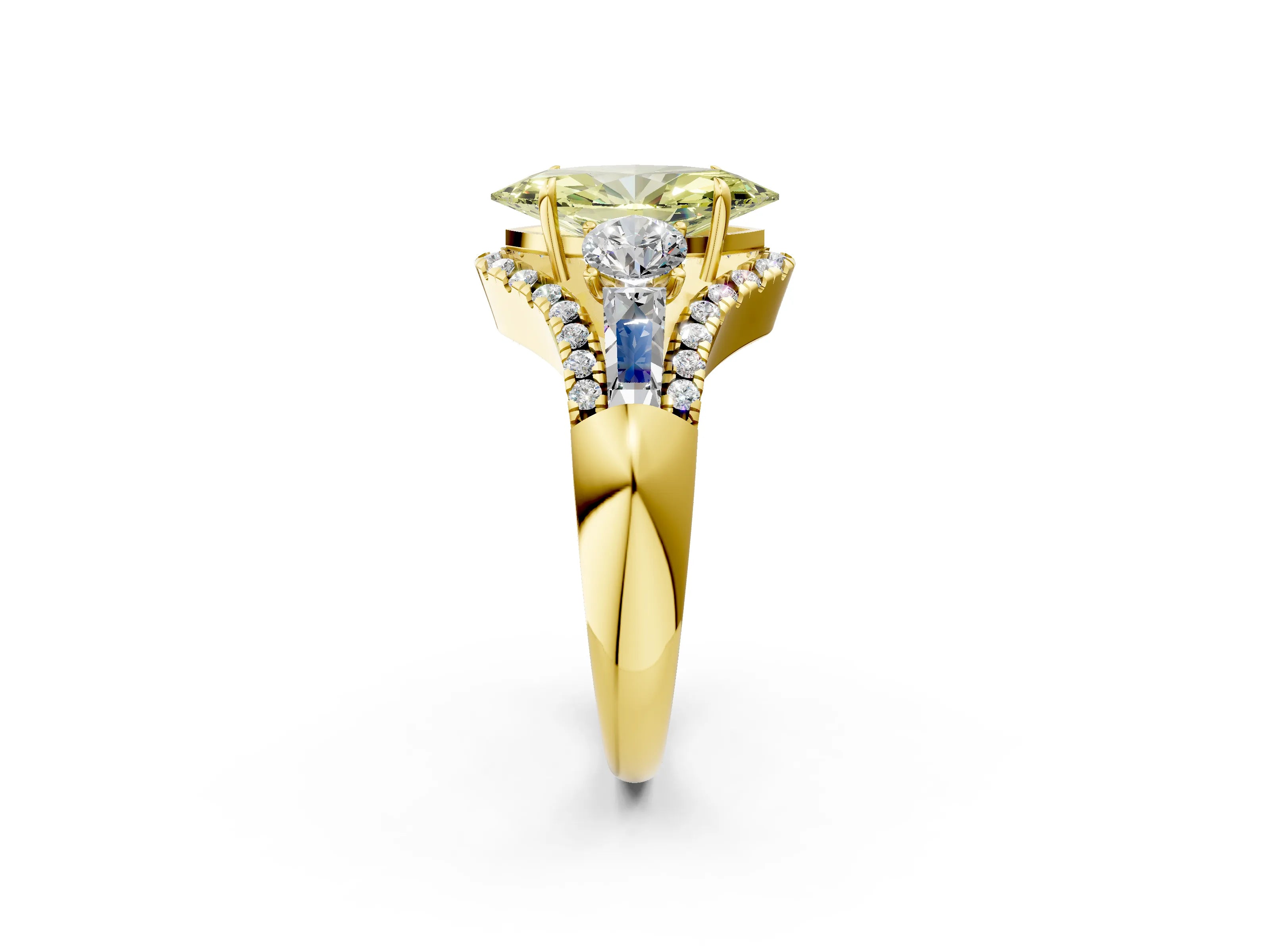 Yellow gold Three-Stone Fancy Yellow Marquise Cut Diamond Engagement Ring with Pave Band and Prong Setting_2