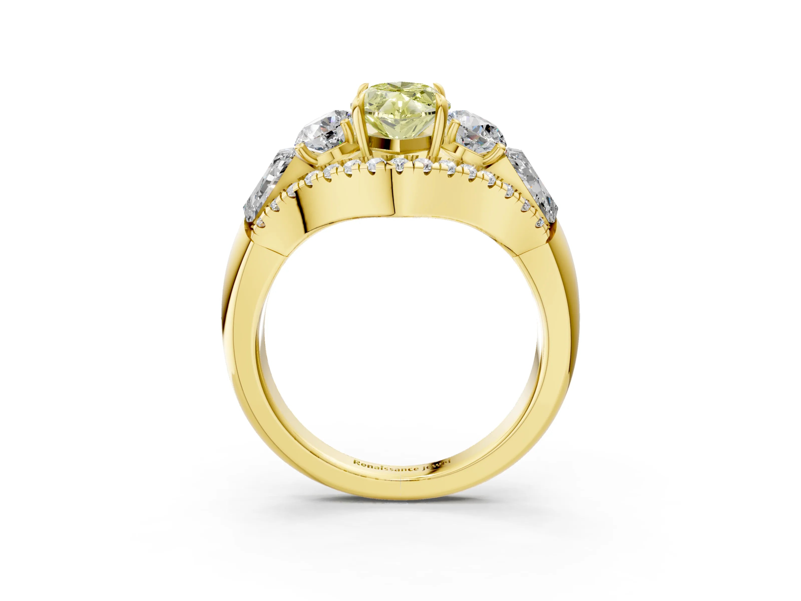 Yellow gold Three-Stone Fancy Yellow Marquise Cut Diamond Engagement Ring with Pave Band and Prong Setting_3