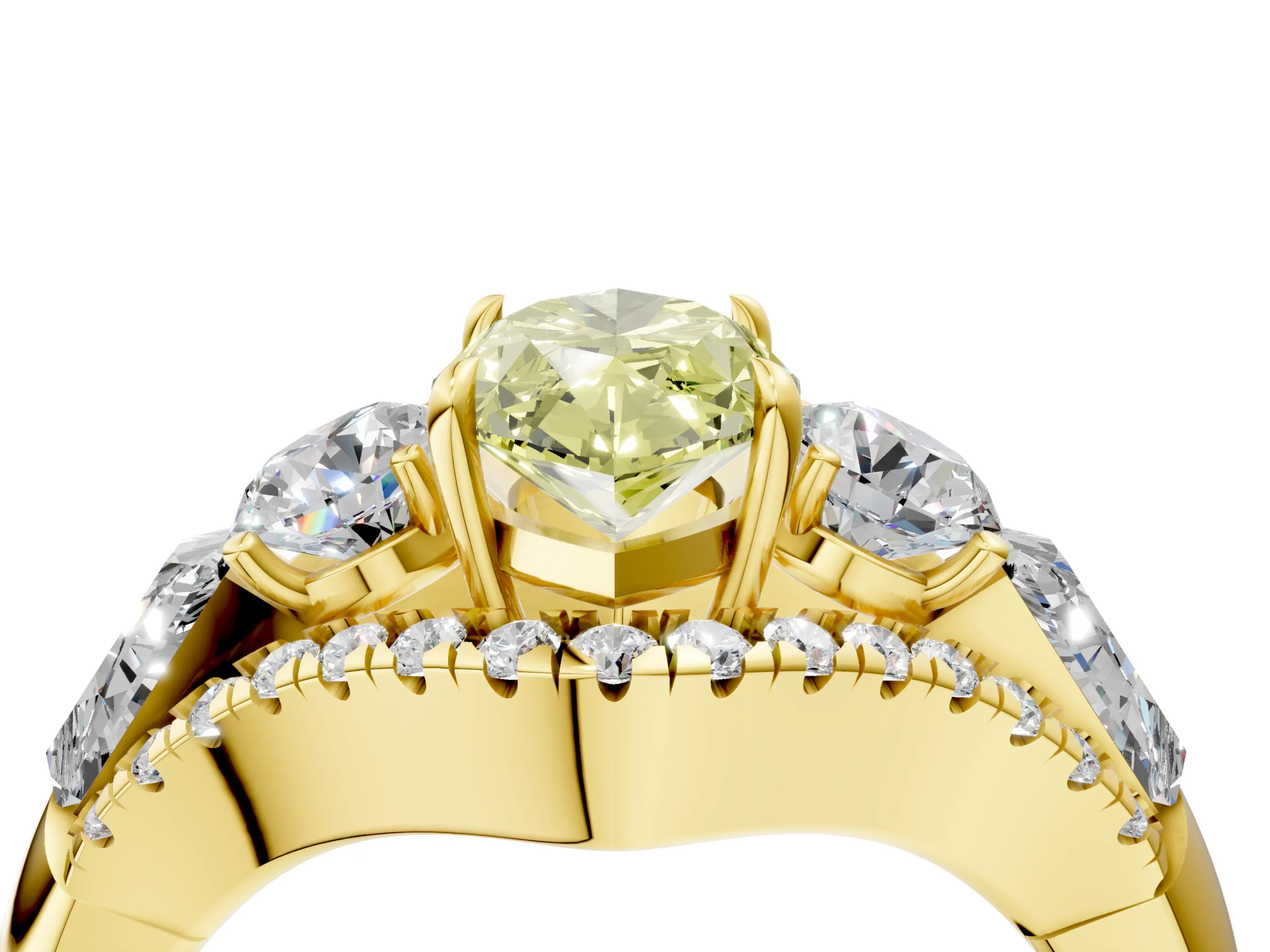 Yellow gold Three-Stone Fancy Yellow Marquise Cut Diamond Engagement Ring with Pave Band and Prong Setting_4