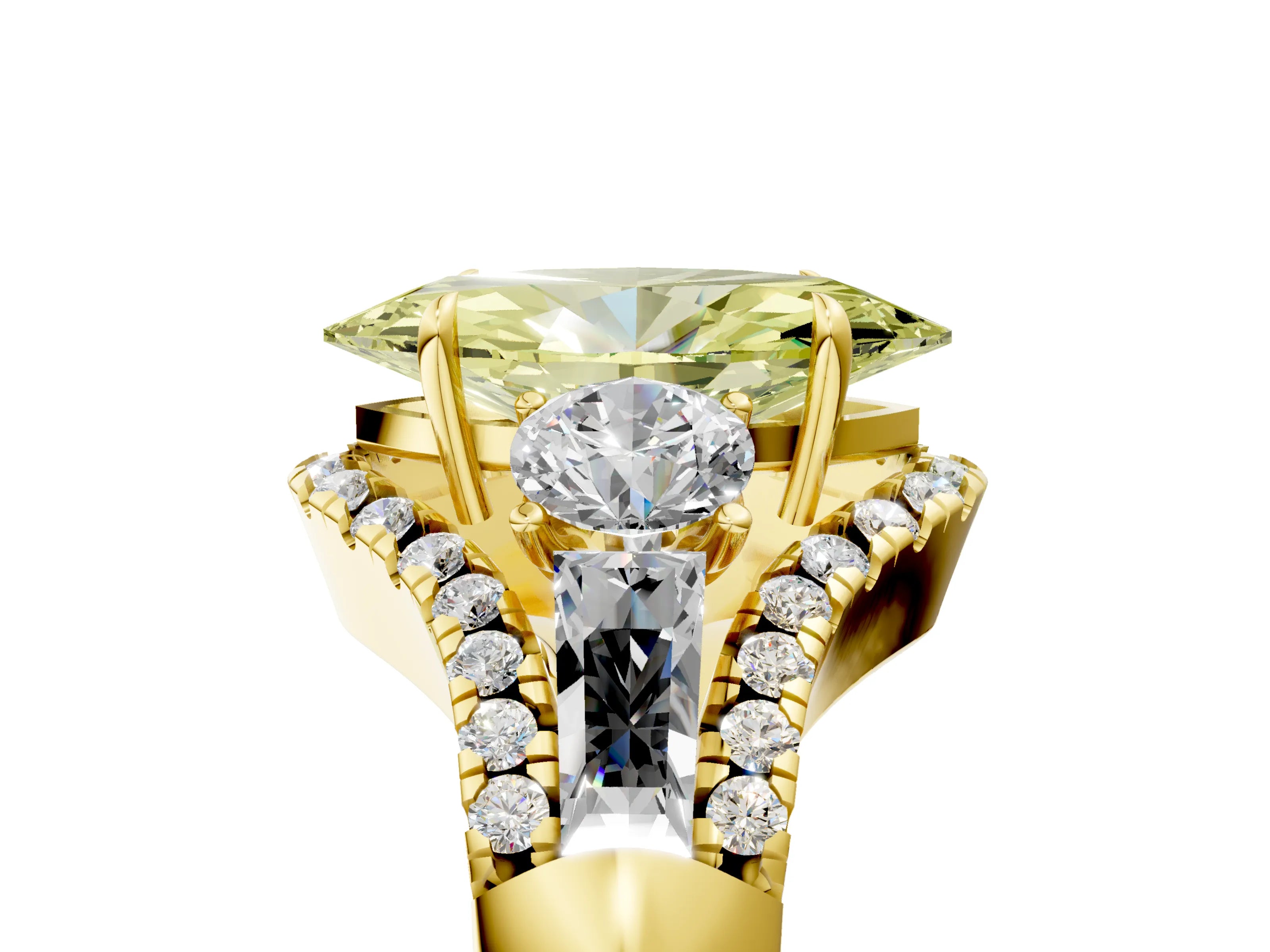 Yellow gold Three-Stone Fancy Yellow Marquise Cut Diamond Engagement Ring with Pave Band and Prong Setting_5