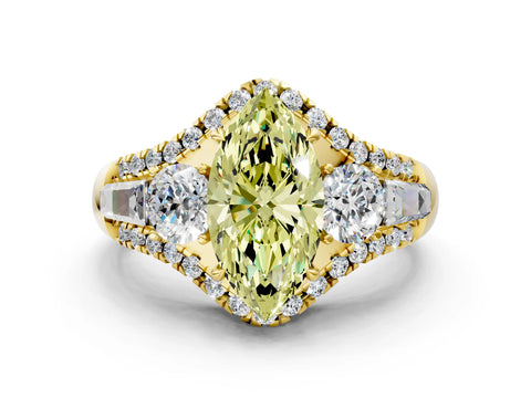 Yellow gold Three-Stone Fancy Yellow Marquise Cut Diamond Engagement Ring with Pave Band and Prong Setting
