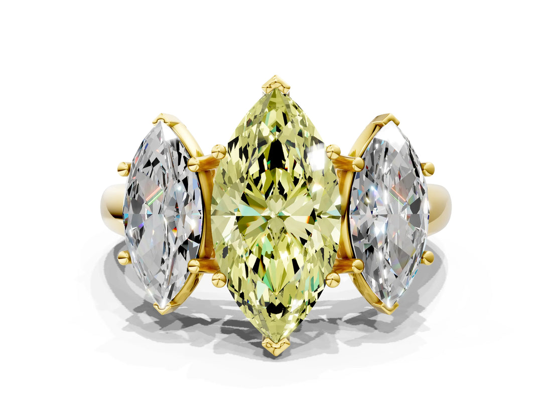 Yellow gold Three-Stone Fancy Yellow Marquise Cut Diamond Engagement Ring with Prong Setting_3