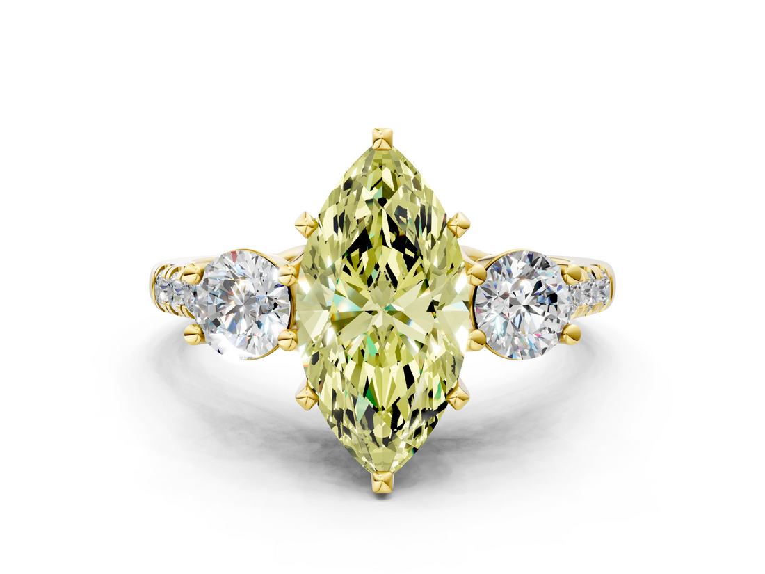 Yellow gold Three-Stone Fancy Yellow Marquise  Cut Diamond Pavé Band with Four-Prong Setting
