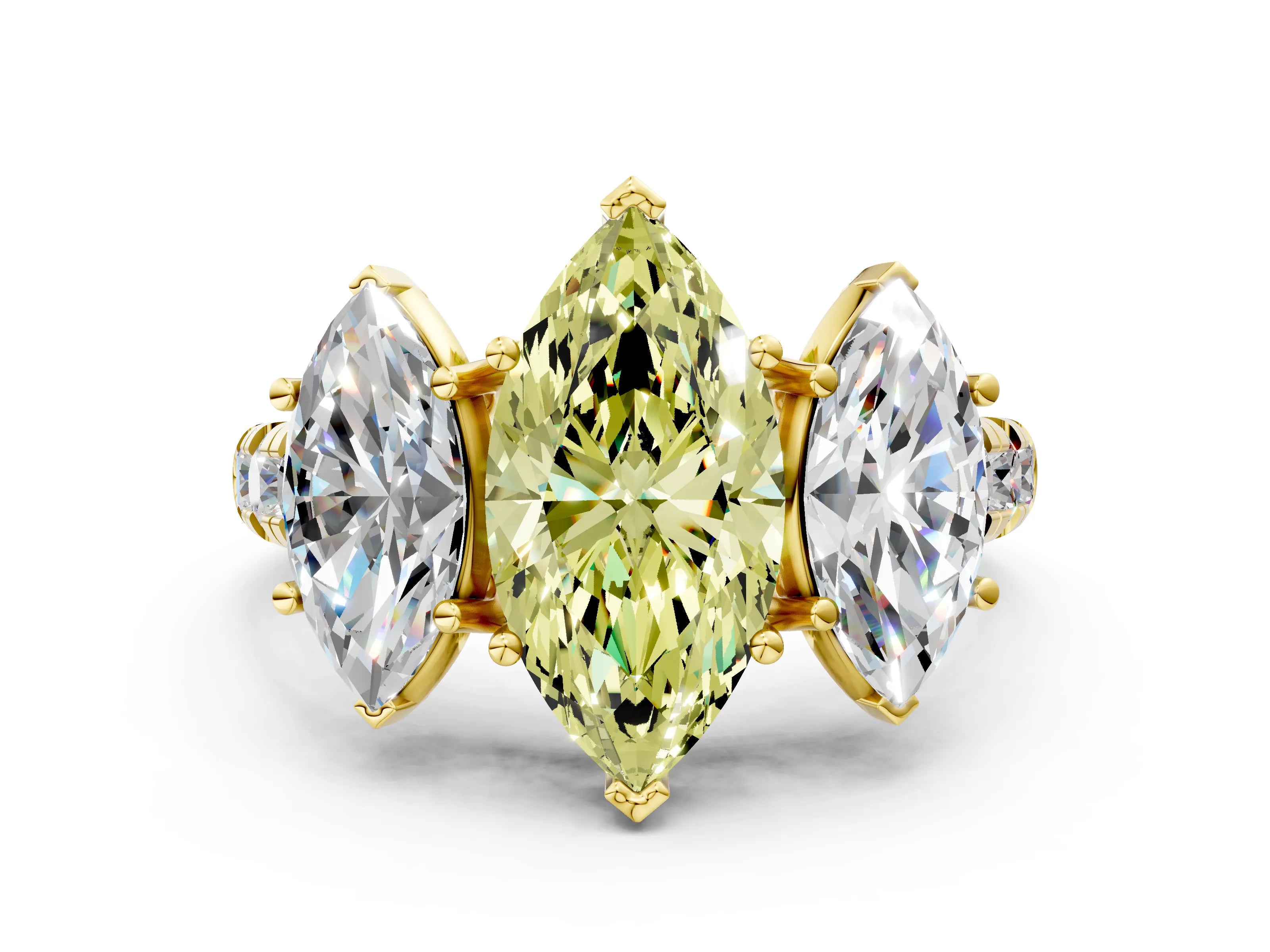 Yellow gold Three-Stone Fancy Yellow Marquise Cut Diamond Pavé Band with Prong Setting