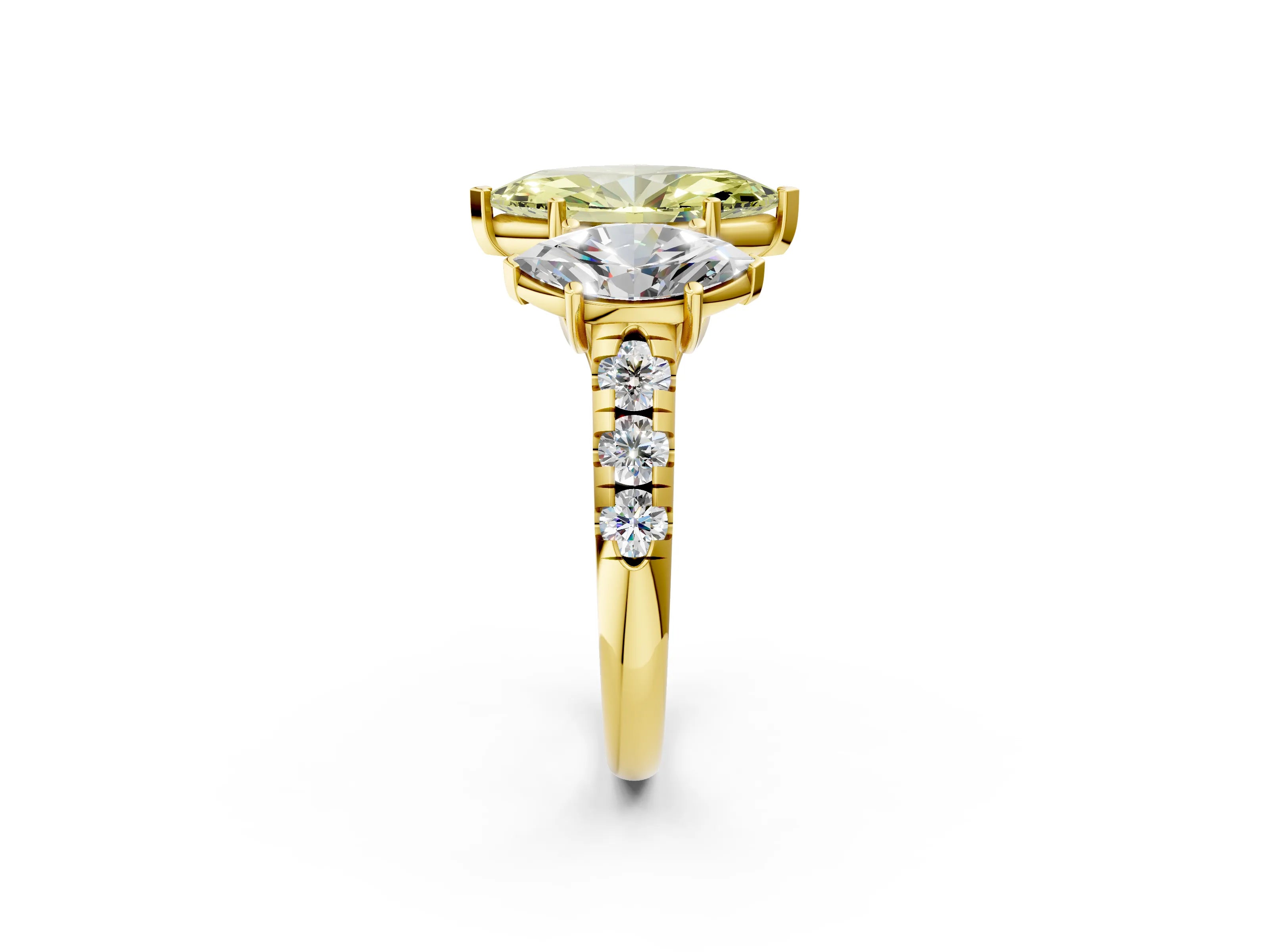 Yellow gold Three-Stone Fancy Yellow Marquise Cut Diamond Pavé Band with Prong Setting_2