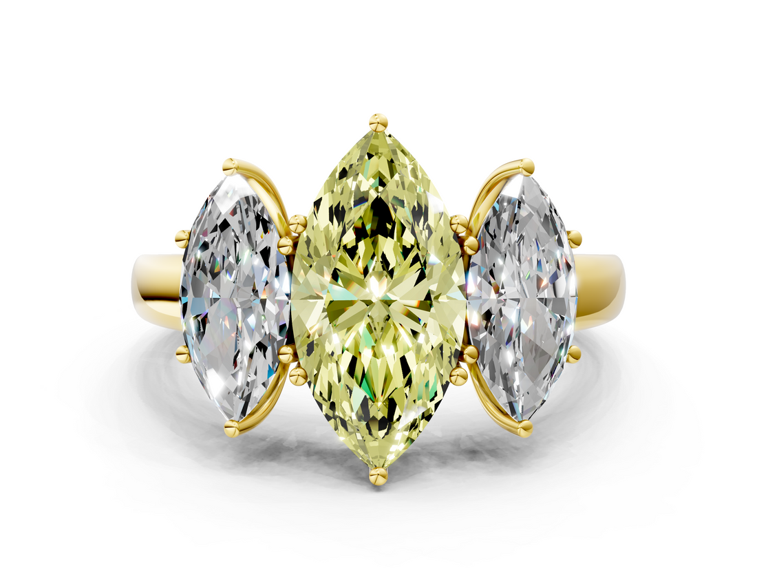 Yellow gold Three-Stone Fancy Yellow Marquise  Cut Diamond Ring with Channel-Set Band and Four-Prong Setting_17