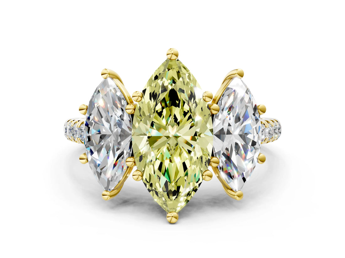 Yellow gold Three-Stone Fancy Yellow Marquise Cut Diamond Ring with Pavé Band and Prong Setting_50