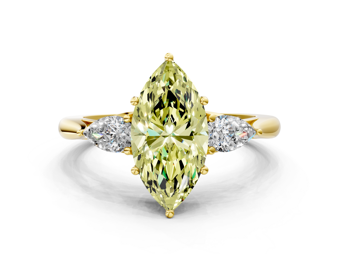 Yellow gold Three-Stone Fancy Yellow Marquise  Cut Diamond Ring with Pear Side Stones in Four-Prong Setting