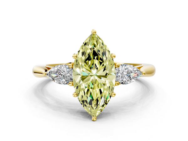 Yellow gold Three-Stone Fancy Yellow Marquise  Cut Diamond Ring with Pear Side Stones in Four-Prong Setting