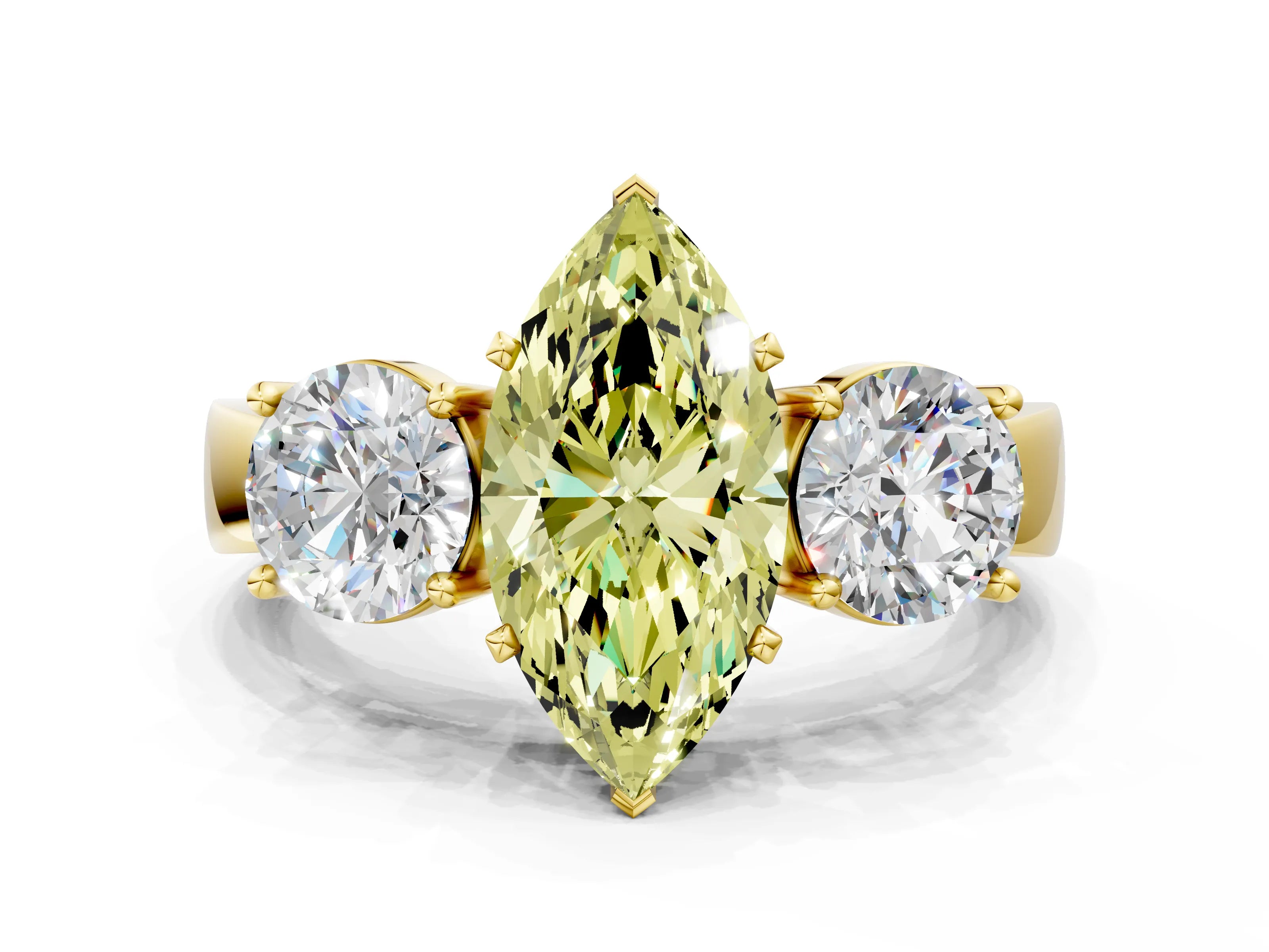Yellow gold Three-Stone Fancy Yellow Marquise Cut Diamond Ring with Round Side Stones, Classic Band, and Four-Prong Setting