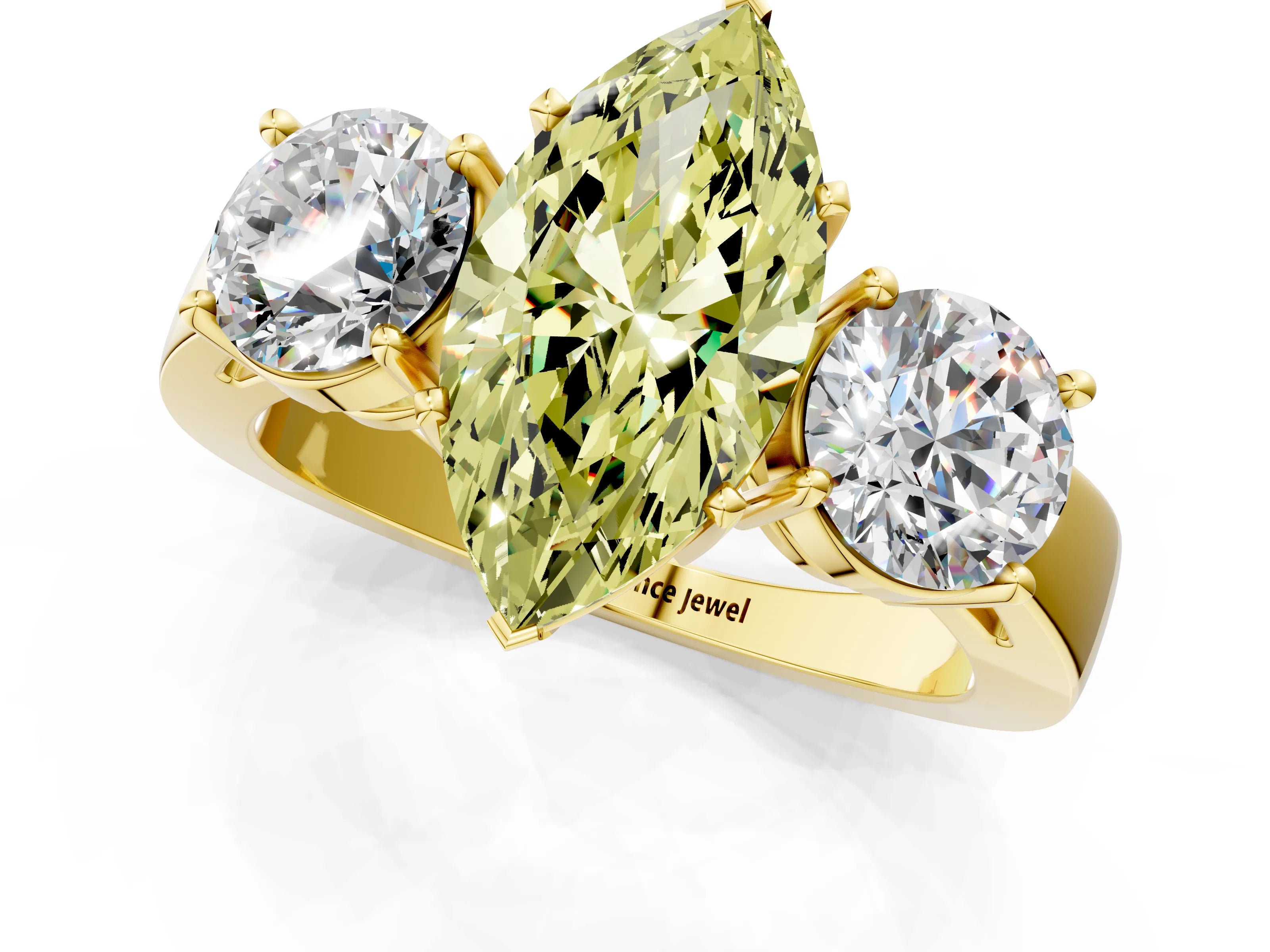 Yellow gold Three-Stone Fancy Yellow Marquise Cut Diamond Ring with Round Side Stones, Classic Band, and Four-Prong Setting_1