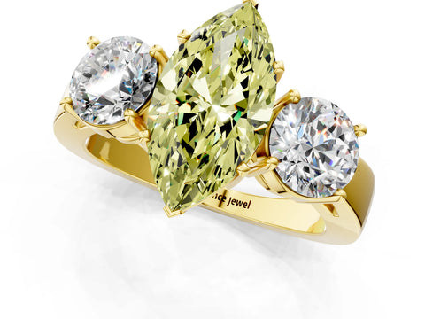 Yellow gold Three-Stone Fancy Yellow Marquise Cut Diamond Ring with Round Side Stones, Classic Band, and Four-Prong Setting_1