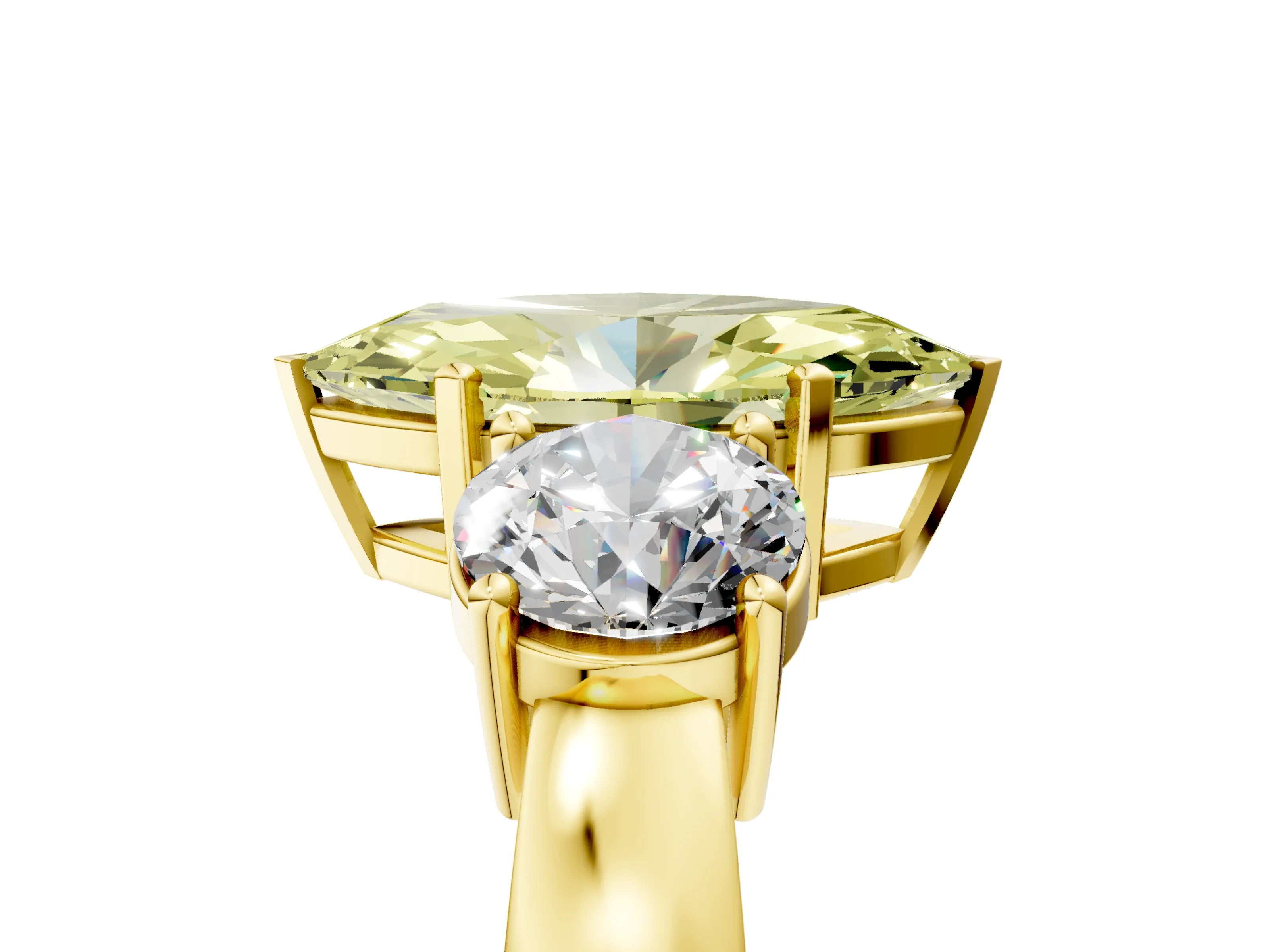 Yellow gold Three-Stone Fancy Yellow Marquise Cut Diamond Ring with Round Side Stones, Classic Band, and Four-Prong Setting_5