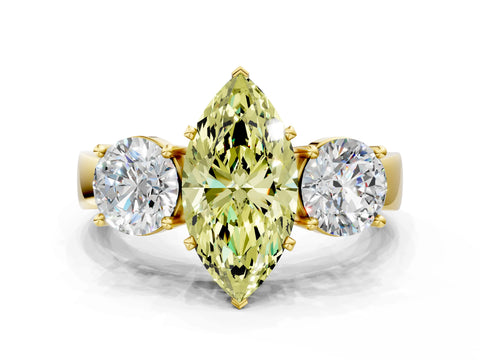 Yellow gold Three-Stone Fancy Yellow Marquise Cut Diamond Ring with Round Side Stones, Classic Band, and Four-Prong Setting