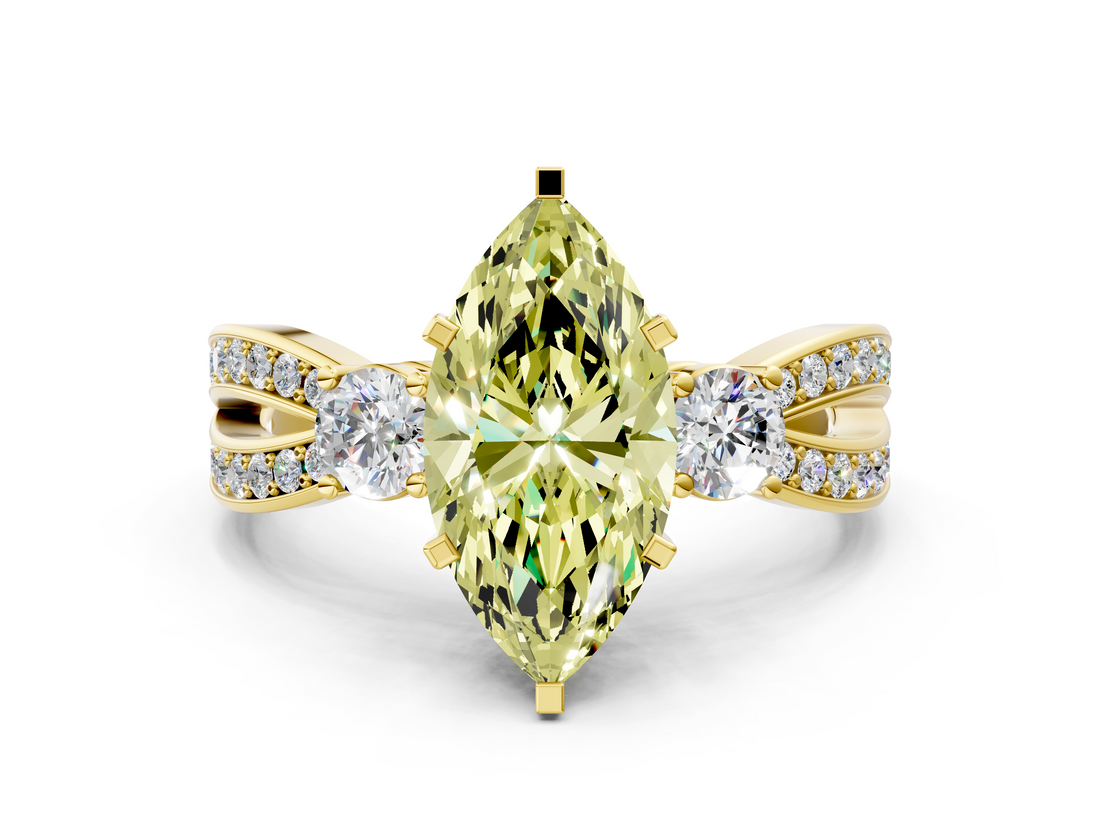 Yellow gold Three-Stone Fancy Yellow Marquise  Cut Diamond Twist Band with Prong Setting