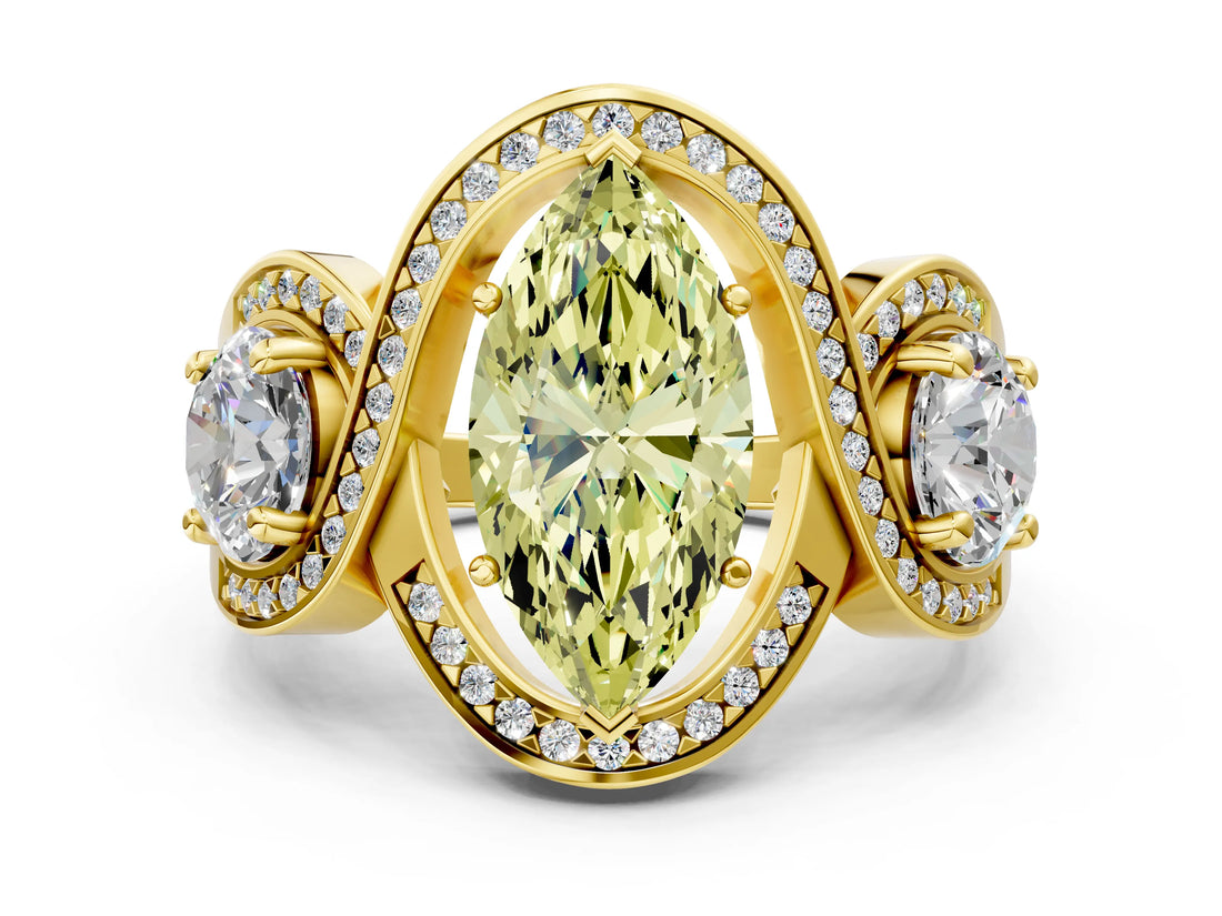 Yellow gold Three-Stone Fancy Yellow Marquise Cut Diamond Wave Pave Band with Prong Setting