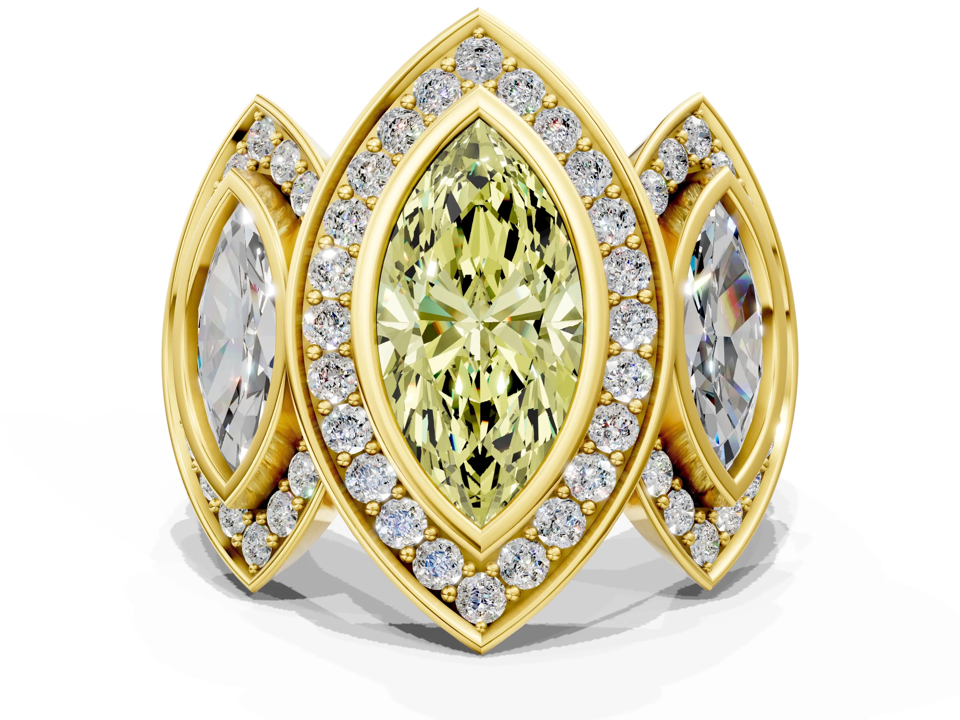 Yellow gold Three-Stone Fancy Yellow Marquise Cut Halo Pavé Diamond Ring