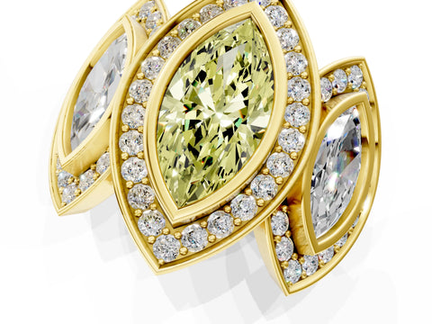 Yellow gold Three-Stone Fancy Yellow Marquise Cut Halo Pavé Diamond Ring_1