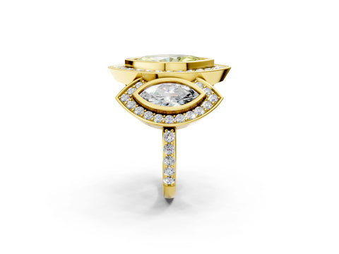 Yellow gold Three-Stone Fancy Yellow Marquise Cut Halo Pavé Diamond Ring_2