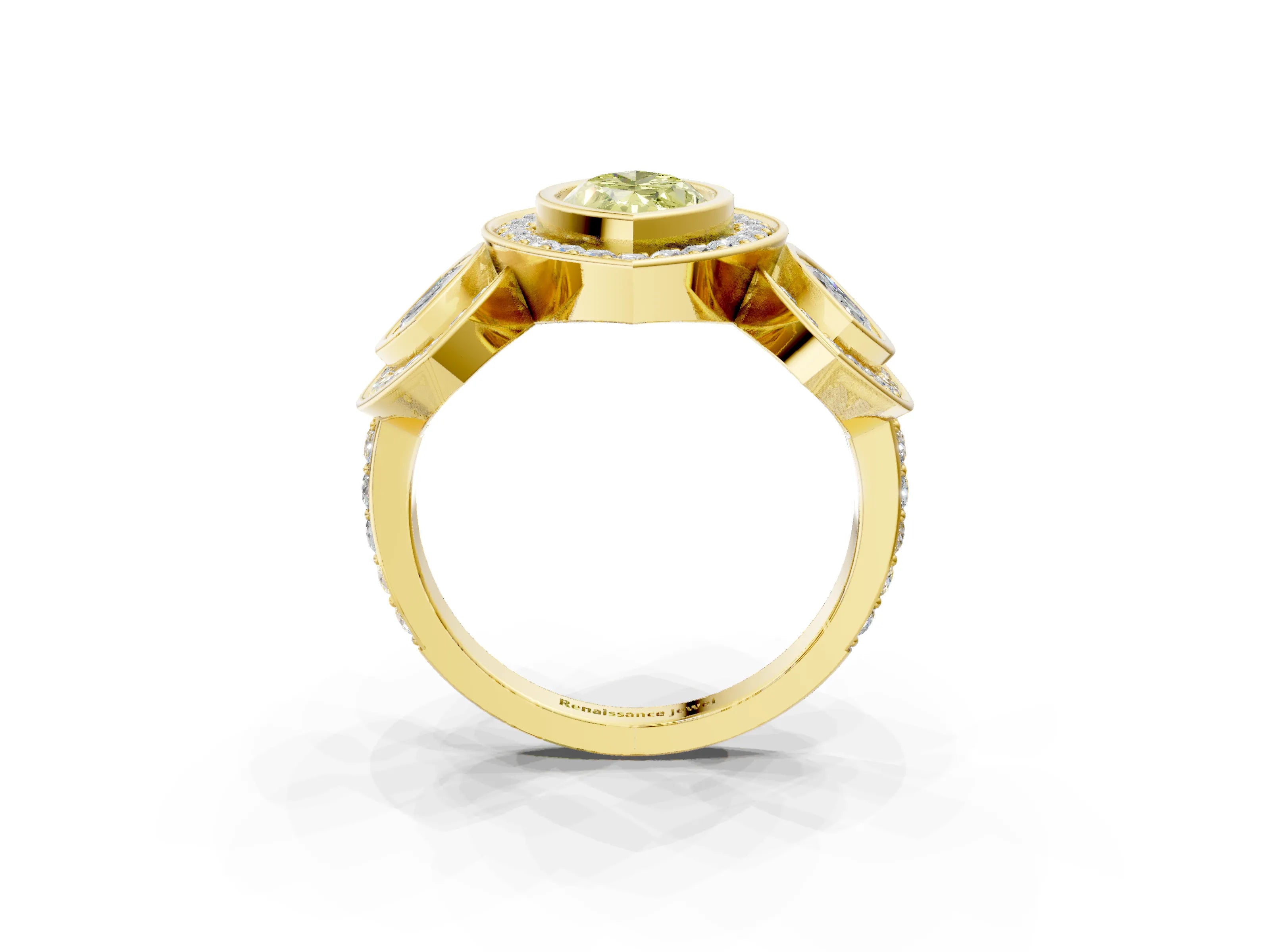 Yellow gold Three-Stone Fancy Yellow Marquise Cut Halo Pavé Diamond Ring_3