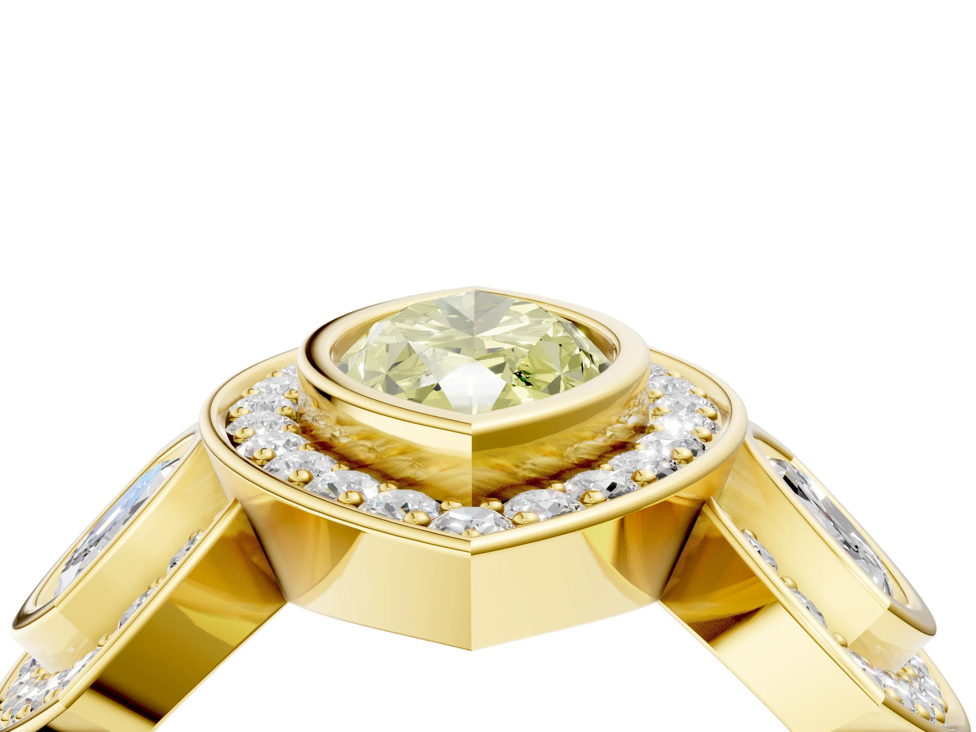 Yellow gold Three-Stone Fancy Yellow Marquise Cut Halo Pavé Diamond Ring_4