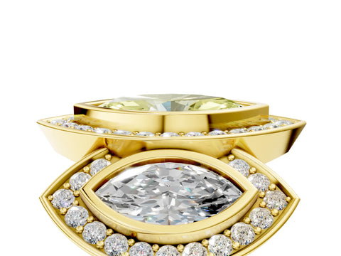 Yellow gold Three-Stone Fancy Yellow Marquise Cut Halo Pavé Diamond Ring_5