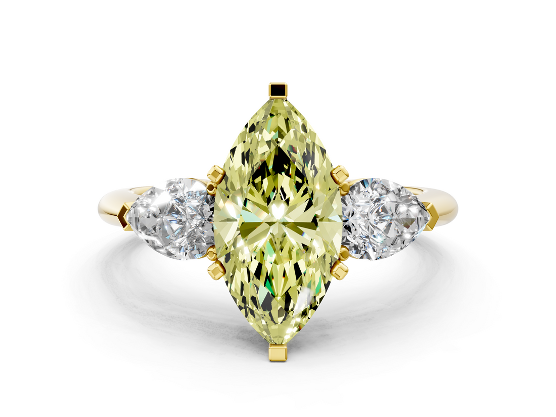 Yellow gold Three-Stone Fancy Yellow Marquise  Diamond Ring with Pear Side Stones in Four-Prong Setting