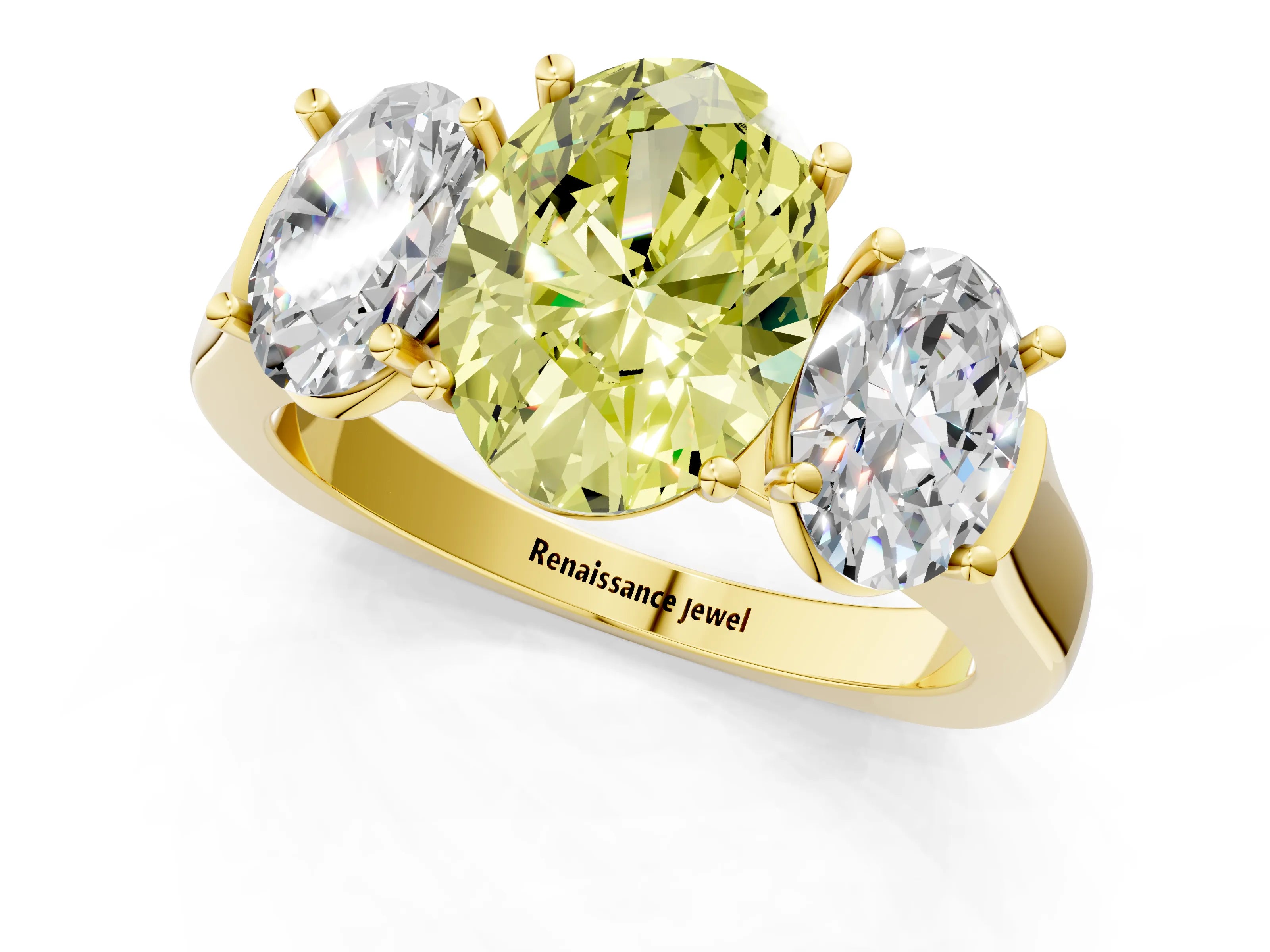 Yellow gold Three-Stone Fancy Yellow Oval Cut Brilliant Diamond Trellis Ring with Comfort Fit Band_1