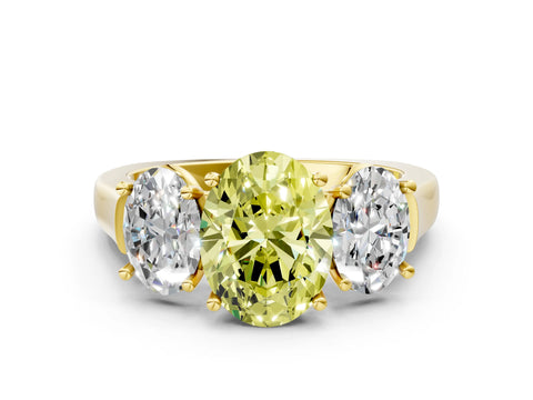 Yellow gold Three-Stone Fancy Yellow Oval Cut Brilliant Diamond Trellis Ring with Comfort Fit Band