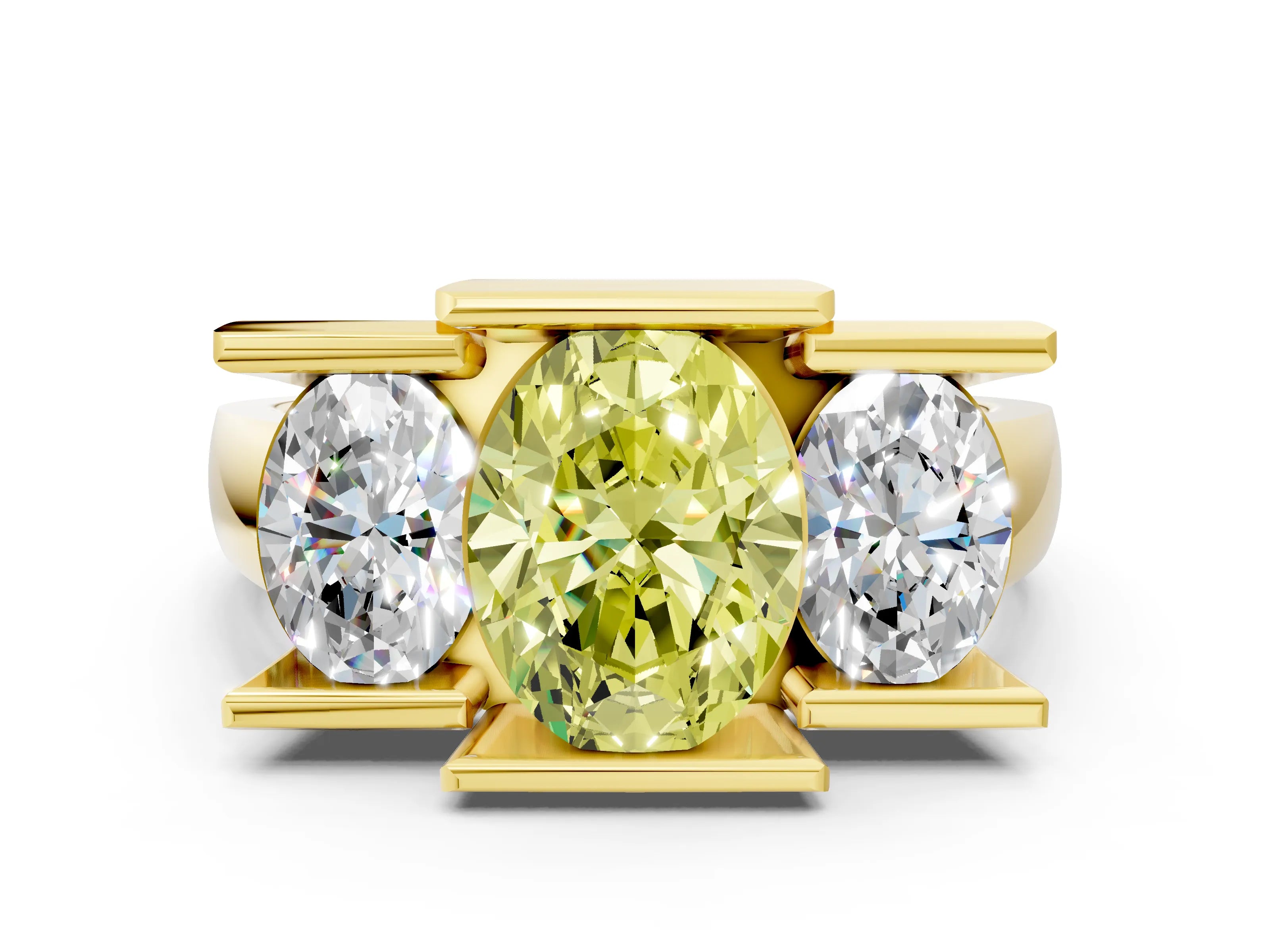 Yellow gold Three Stone Fancy Yellow Oval Cut Cut Channel Set Diamond Ring