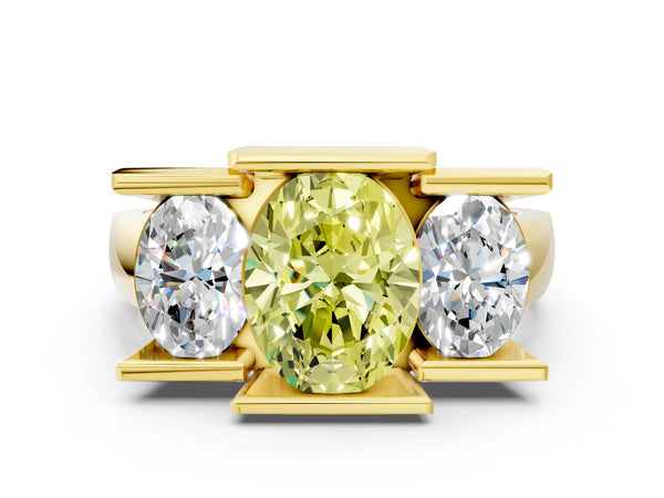 Yellow gold Three Stone Fancy Yellow Oval Cut Cut Channel Set Diamond Ring