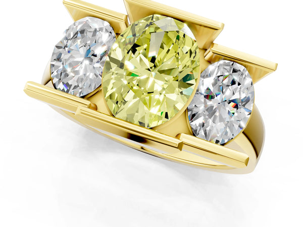 Yellow gold Three Stone Fancy Yellow Oval Cut Cut Channel Set Diamond Ring