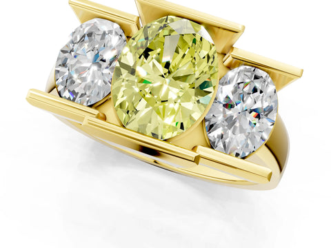 Yellow gold Three Stone Fancy Yellow Oval Cut Cut Channel Set Diamond Ring_1