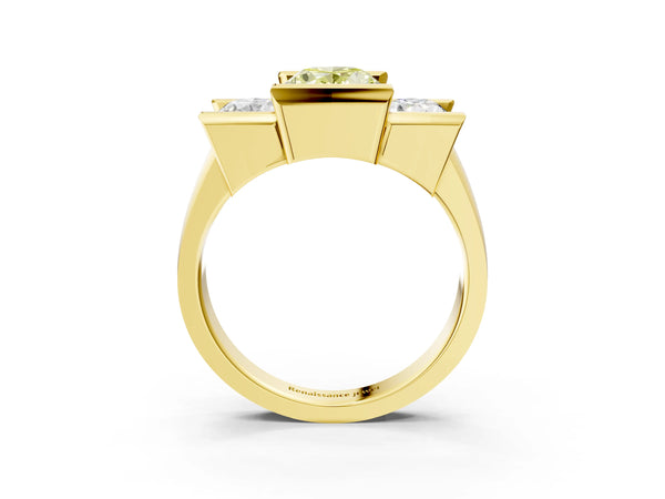 Yellow gold Three Stone Fancy Yellow Oval Cut Cut Channel Set Diamond Ring