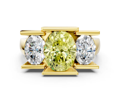 Yellow gold Three Stone Fancy Yellow Oval Cut Cut Channel Set Diamond Ring