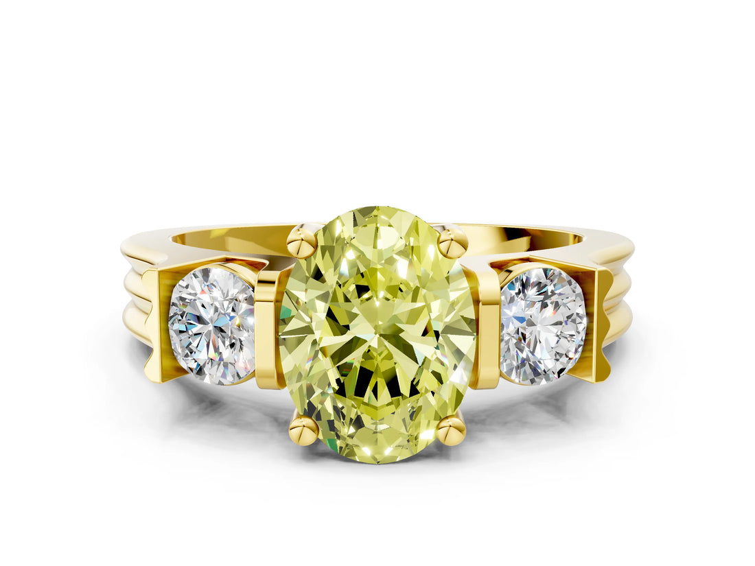 Yellow gold Three-Stone Fancy Yellow Oval Cut Cut Classic Band Prong Setting Ring