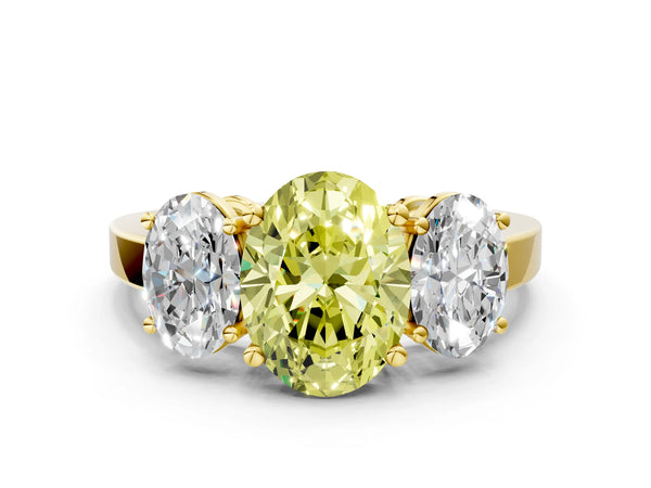 Yellow gold Three-Stone Fancy Yellow Oval Cut Cut Diamond Engagement Ring with Flat Band and Four-Prong Setting