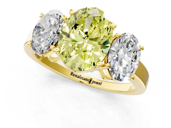 Yellow gold Three-Stone Fancy Yellow Oval Cut Cut Diamond Engagement Ring with Flat Band and Four-Prong Setting