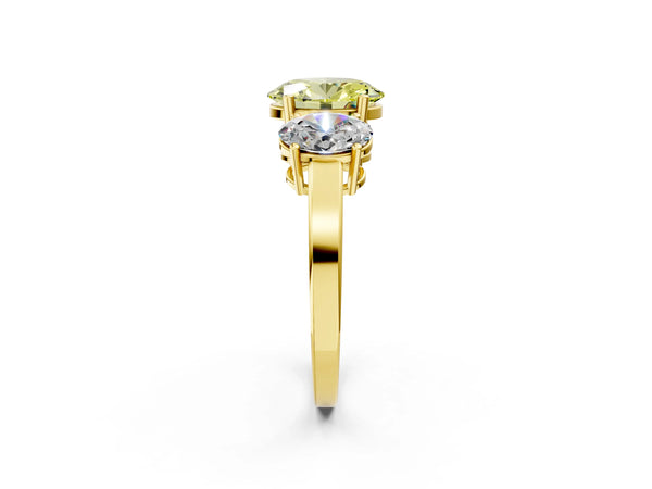 Yellow gold Three-Stone Fancy Yellow Oval Cut Cut Diamond Engagement Ring with Flat Band and Four-Prong Setting