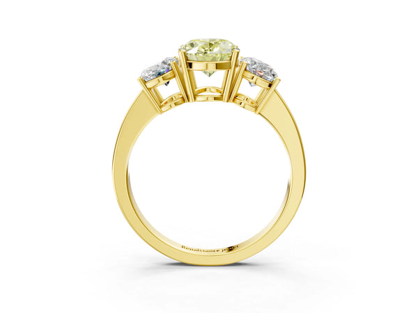 Yellow gold Three-Stone Fancy Yellow Oval Cut Cut Diamond Engagement Ring with Flat Band and Four-Prong Setting