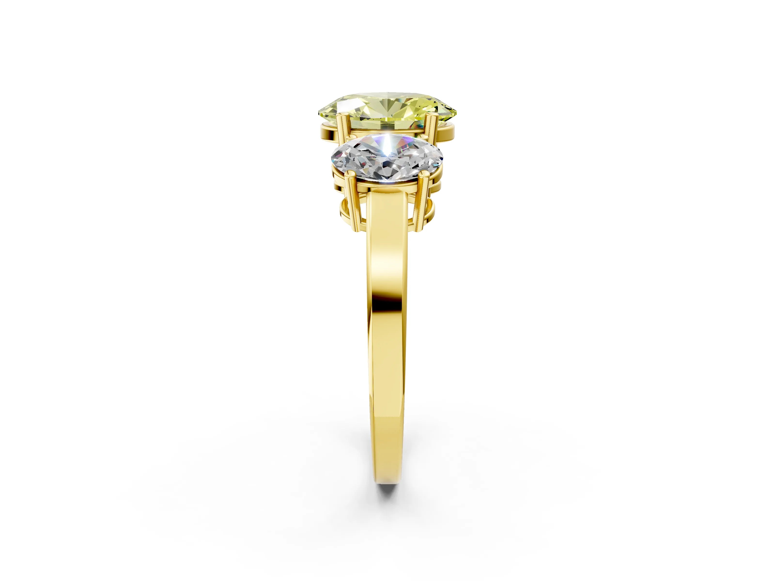 Yellow gold Three-Stone Fancy Yellow Oval Cut Cut Diamond Engagement Ring with Flat Band and Four-Prong Setting_2