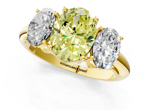 Yellow gold Three-Stone Fancy Yellow Oval Cut Cut Diamond Engagement Ring with Prong Setting on a White Gold Band_1