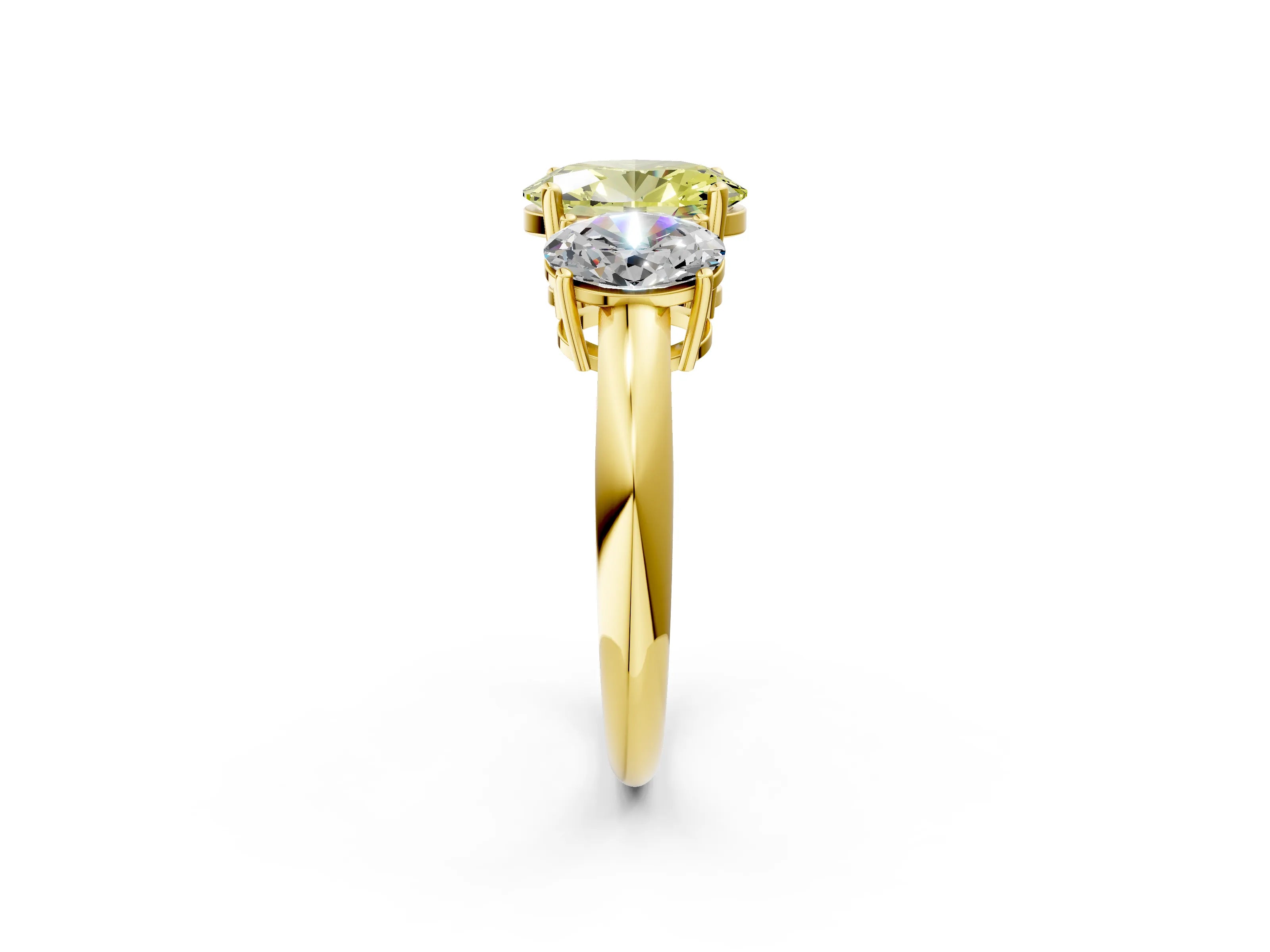 Yellow gold Three-Stone Fancy Yellow Oval Cut Cut Diamond Engagement Ring with Prong Setting on a White Gold Band_2