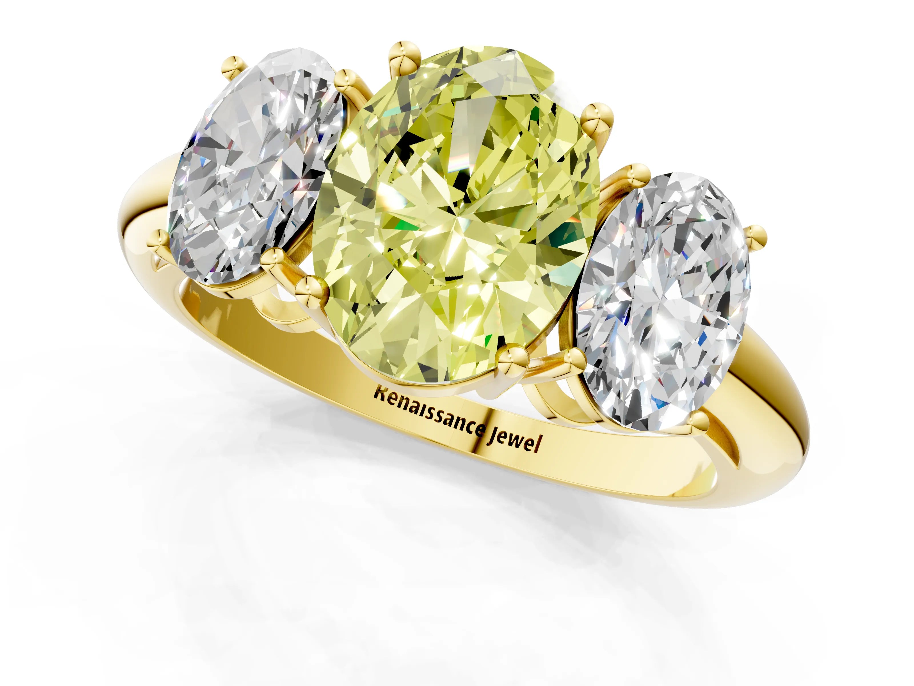 Yellow gold Three-Stone Fancy Yellow Oval Cut Cut Diamond Engagement Ring with Prong Setting on a White Gold Band_25