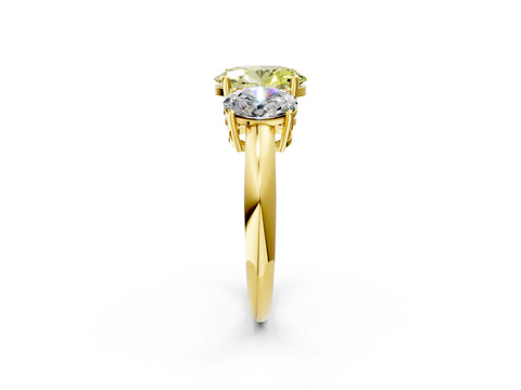 Yellow gold Three-Stone Fancy Yellow Oval Cut Cut Diamond Engagement Ring with Prong Setting on a White Gold Band_2