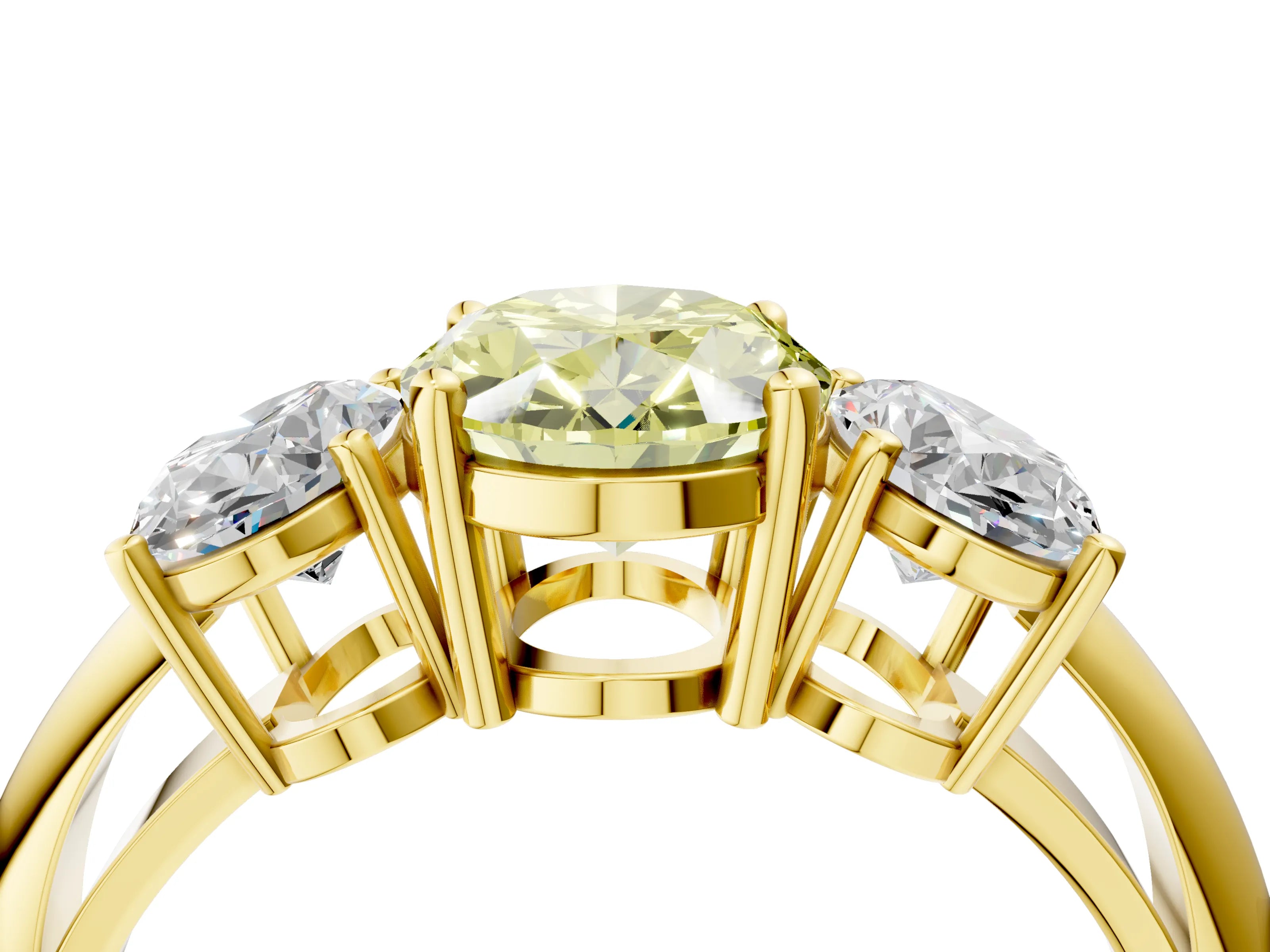 Yellow gold Three-Stone Fancy Yellow Oval Cut Cut Diamond Engagement Ring with Prong Setting on a White Gold Band_4