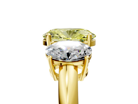 Yellow gold Three-Stone Fancy Yellow Oval Cut Cut Diamond Engagement Ring with Prong Setting on a White Gold Band_5