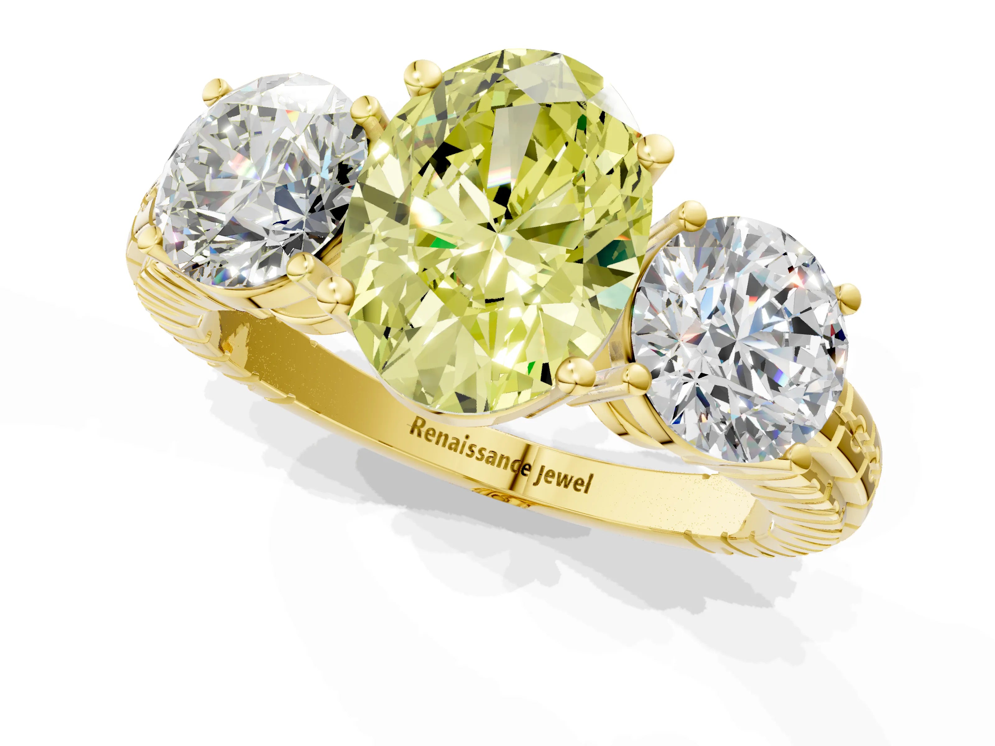 Yellow gold Three-Stone Fancy Yellow Oval Cut Cut Diamond Ring with Channel-Set Band and Prong Setting_1
