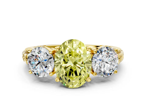 Yellow gold Three-Stone Fancy Yellow Oval Cut Cut Diamond Ring with Channel-Set Band and Prong Setting
